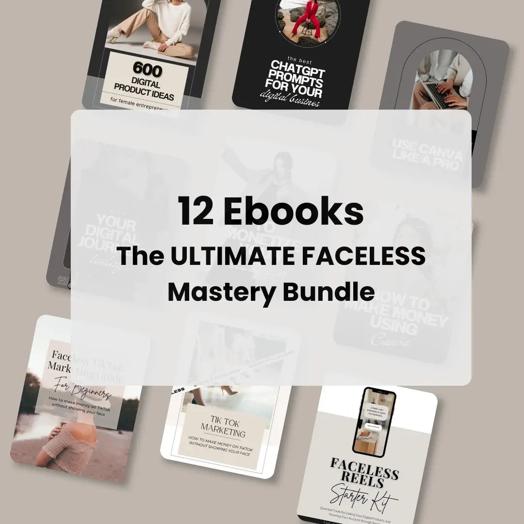 Digital product ebooks bundle featuring "Faceless Mastery Bundle" and ChatGPT prompts for digital business.