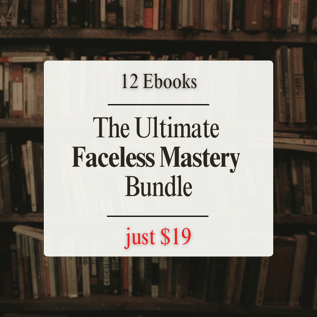 Faceless Mastery Bundle ebook collection and promotional graphic for digital product website template.