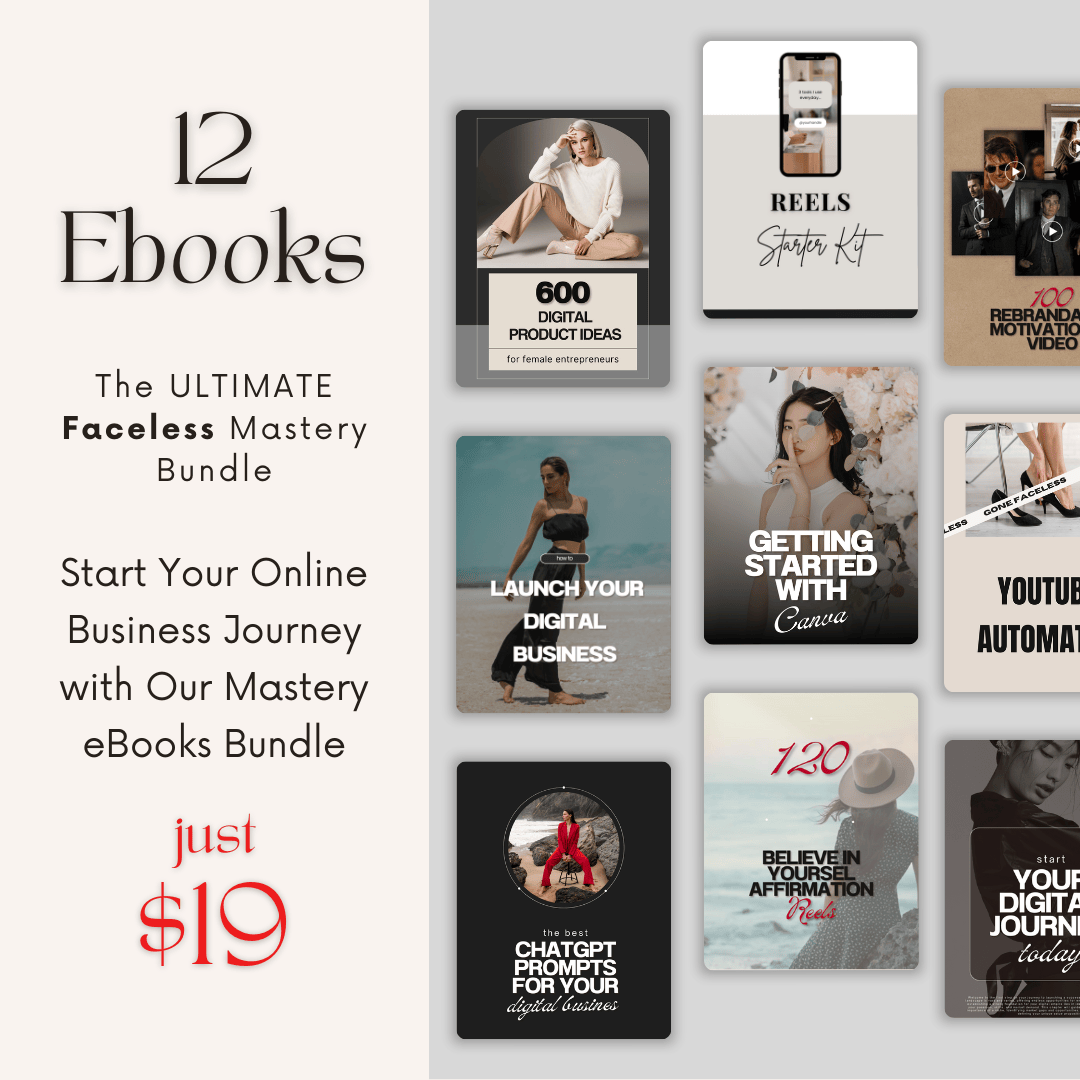 Faceless Mastery Bundle featuring ebooks, digital product ideas, starter kit, and Canva templates for online