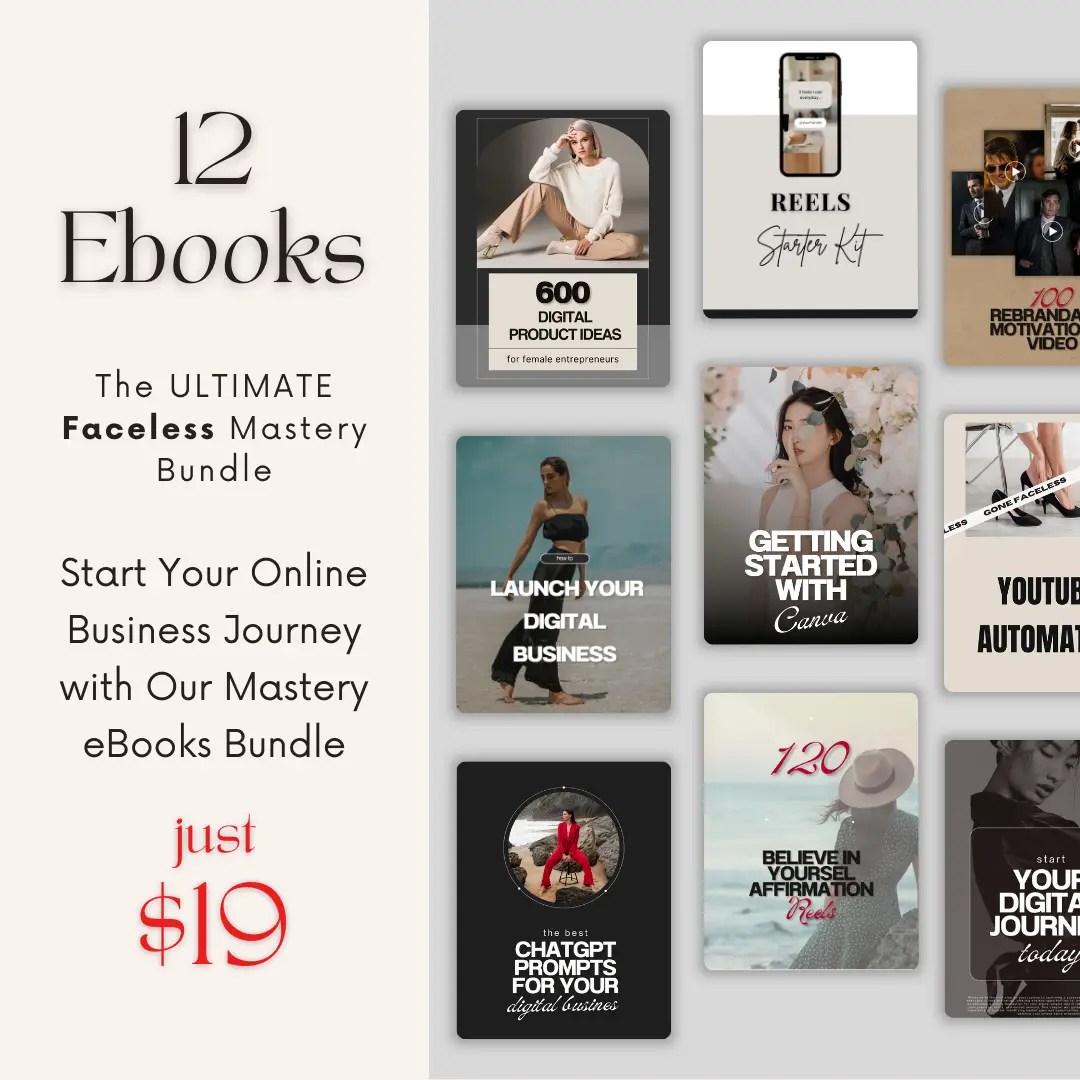Faceless Mastery Bundle featuring ebooks, digital product ideas, starter kit, and Canva templates for online