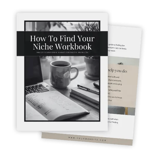 “How to Find Your Niche” workbook and digital product guide with coffee and laptop.
