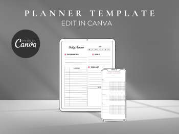 Planner template mockup with daily planner pages, editable in Canva, and mobile device display.