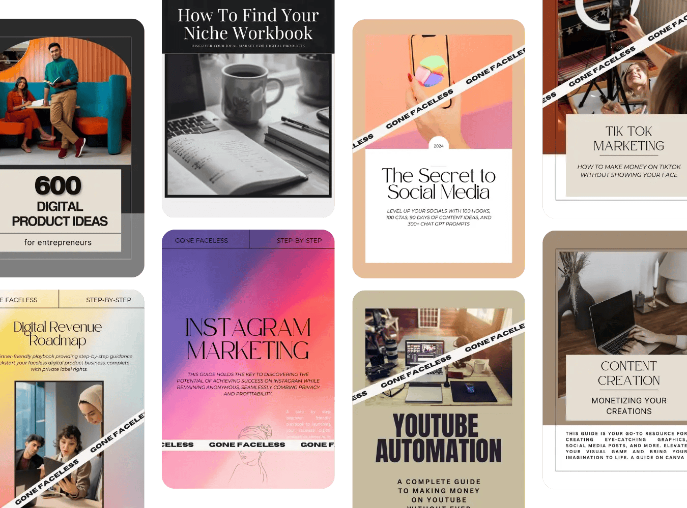 Plantillas y recursos de productos digitales para negocios en línea, incluyendo herramientas de marketing para Instagram y YouTube.