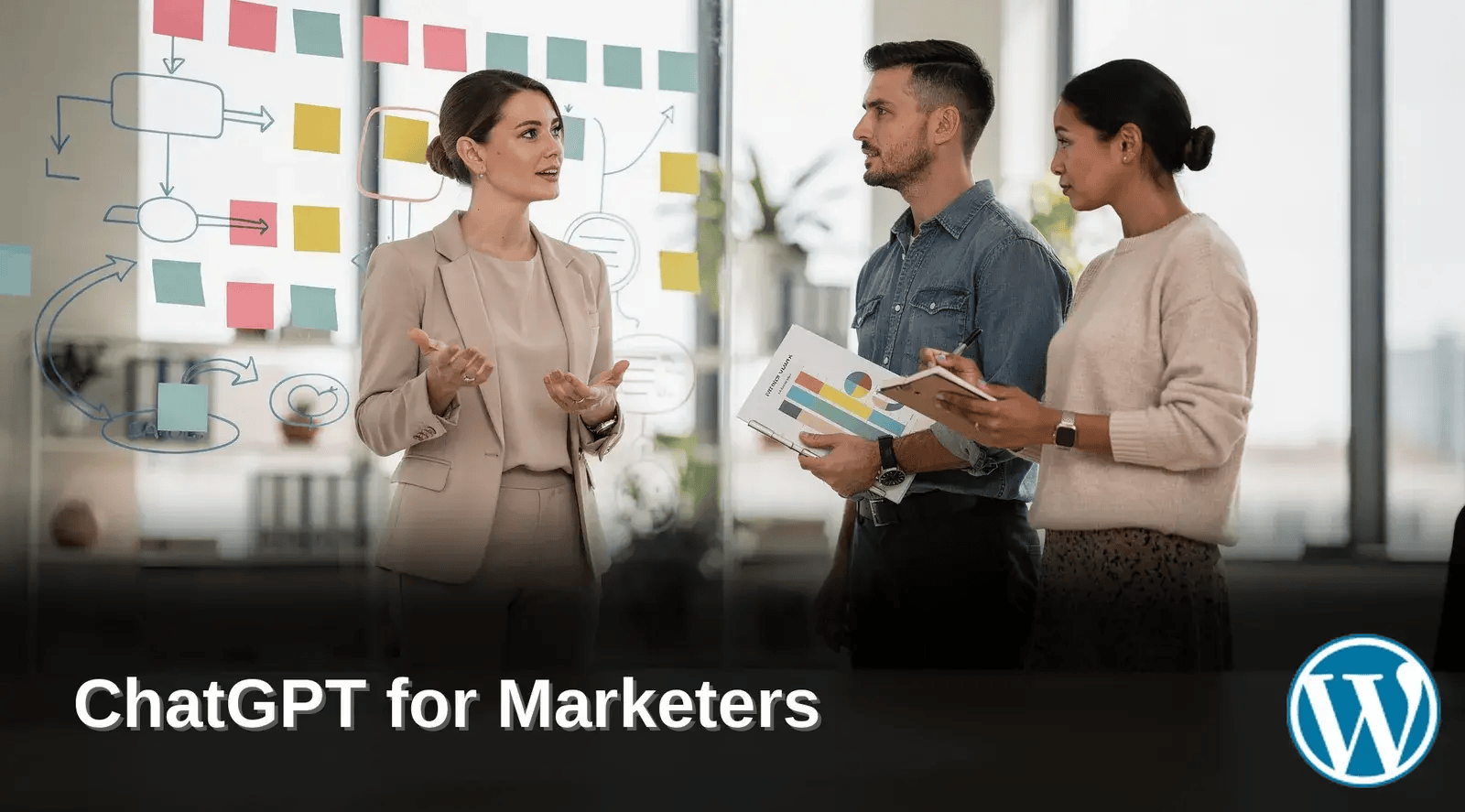Des spécialistes du marketing numérique discutent de l'intégration de ChatGPT et des ressources de formation IA, avec un diagramme de flux de travail et du marketing