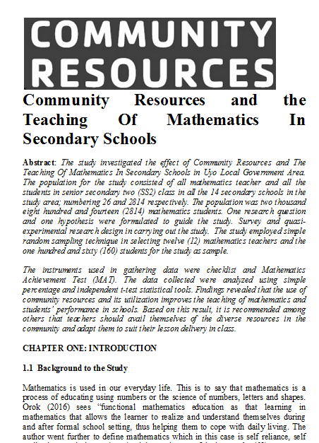 Community Resources and the Teaching Of Mathematics In Secondary Schools