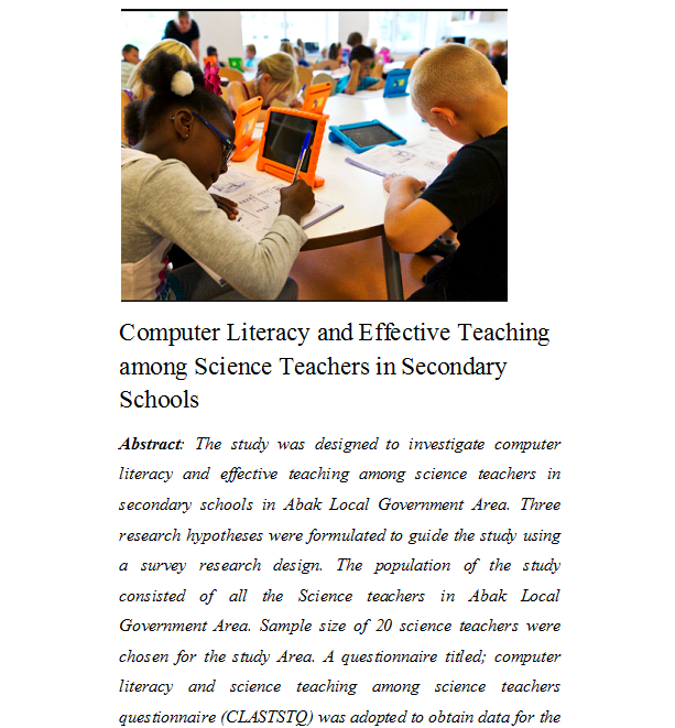 Computer Literacy and Effective Teaching among Science Teachers in Secondary Schools