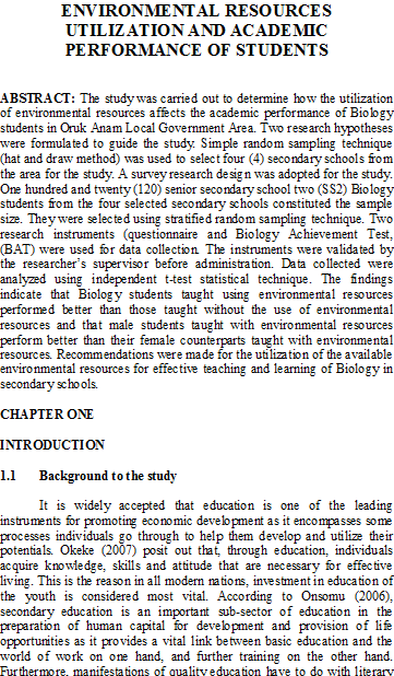 ENVIRONMENTAL RESOURCES UTILIZATION AND ACADEMIC PERFORMANCE OF STUDENTS