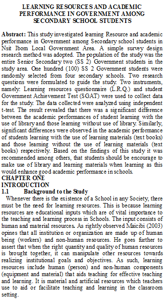 LEARNING RESOURCES AND ACADEMIC PERFORMANCE IN GOVERNMENT AMONG SECONDARY SCHOOL STUDENTS