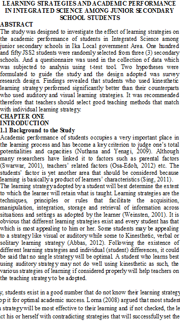 LEARNING STRATEGIES AND ACADEMIC PERFORMANCE IN INTEGRATED SCIENCE AMONG JUNIOR SECONDARY SCHOOL STUDENTS