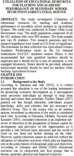 UTILIZATION OF EDUCATIONAL RESOURCES FOR TEACHING AND ACADEMIC PERFORMANCE OF SECONDARY SCHOOL STUDENTS IN AGRICULTURAL SCIENCE