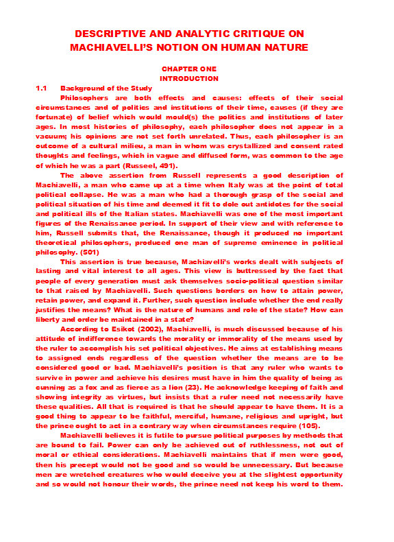 Descriptive and Analytic Critique on Machiavelli’s Notion on Human Nature