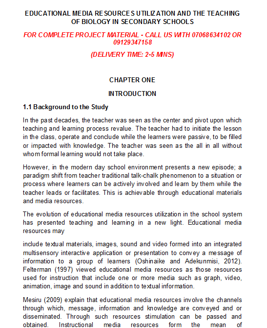 Educational Media Resources Utilization and the Teaching of Biology in Secondary Schools