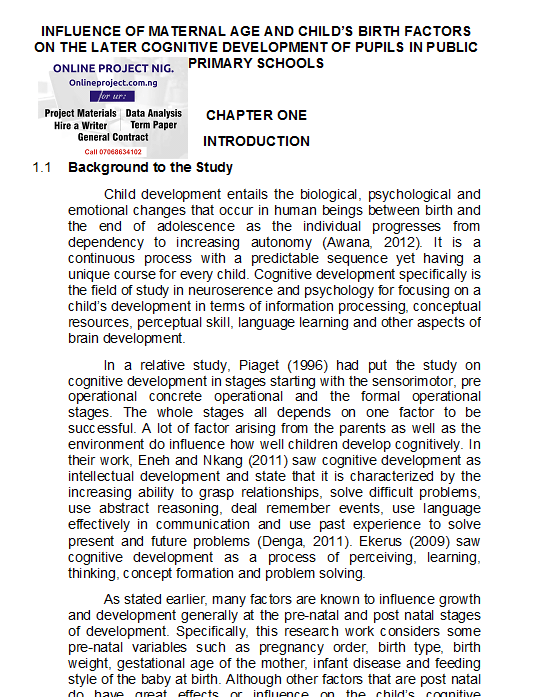 Influence of Maternal Age and Child’s Birth Factors on the Later Cognitive Development of Pupils in Public Primary Schools