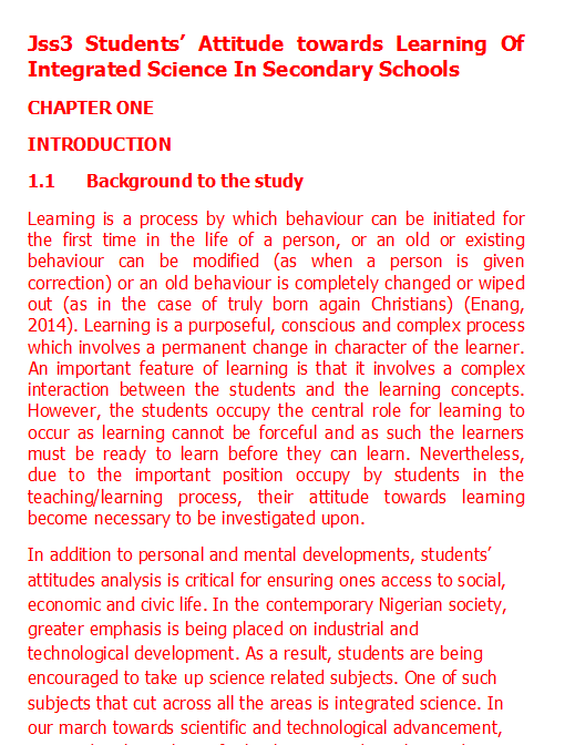Jss3 Students’ Attitude towards Learning Of Integrated Science In Secondary Schools