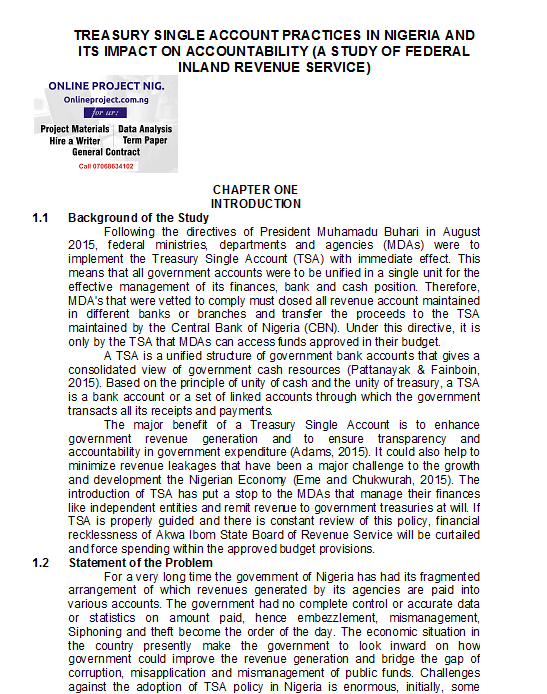 Treasury Single Account Practices In Nigeria and Its Impact on Accountability (A Study of Federal Inland Revenue Service)