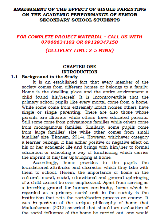 Assessment of the Effect of Single Parenting on the Academic Performance of Senior Secondary School Students