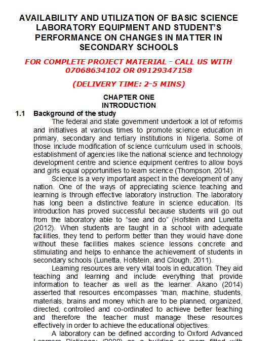 Availability and Utilization of Basic Science Laboratory Equipment and Student’s Performance on Changes in Matter in Secondary Schools