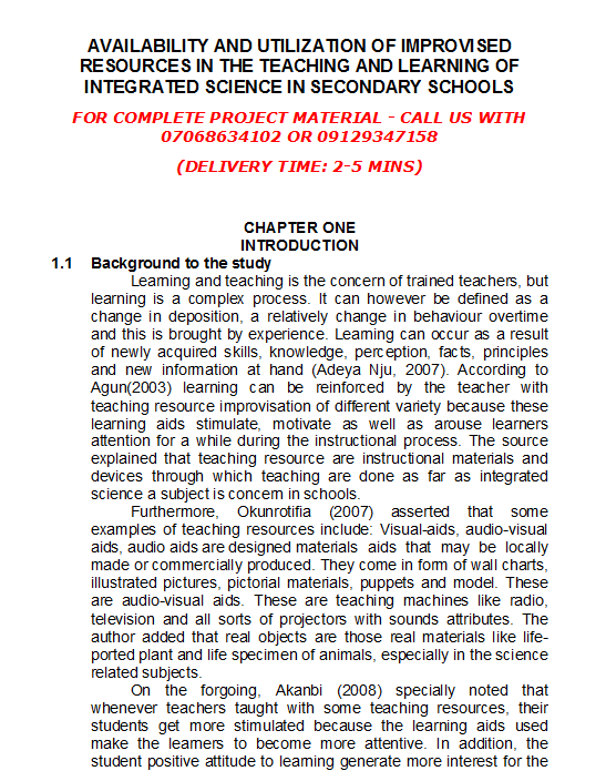 Availability and Utilization of Improvised Resources in the Teaching and Learning of Integrated Science in Secondary Schools