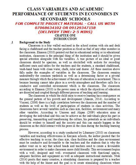Class Variables and Academic Performance of Students in Economics in Secondary Schools