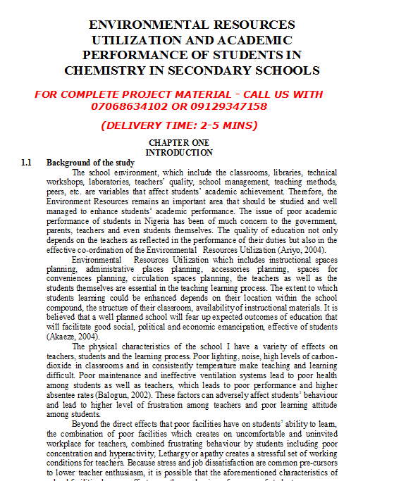 Environmental Resources Utilization and Academic Performance of Students in Chemistry in Secondary Schools