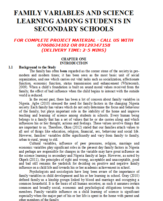 Family Variables and Science Learning Among Students in Secondary Schools