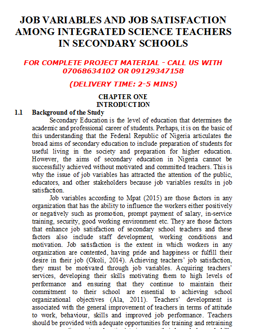 Job Variables and Job Satisfaction among Integrated Science Teachers in Secondary Schools