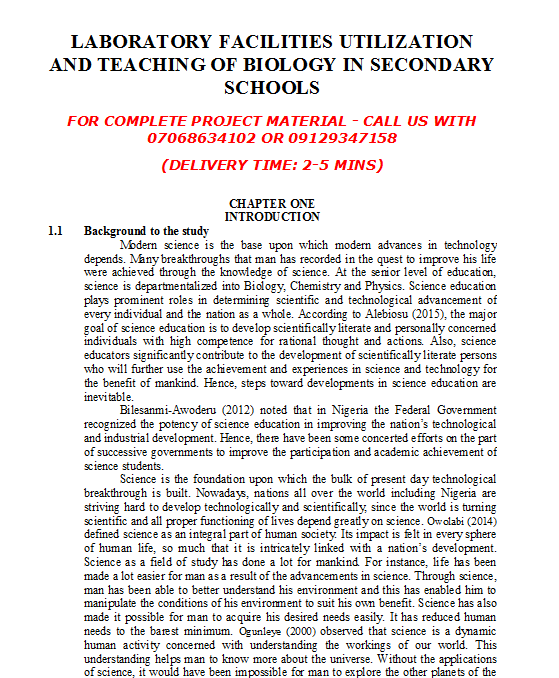 Laboratory Facilities Utilization and Teaching of Biology in Secondary Schools