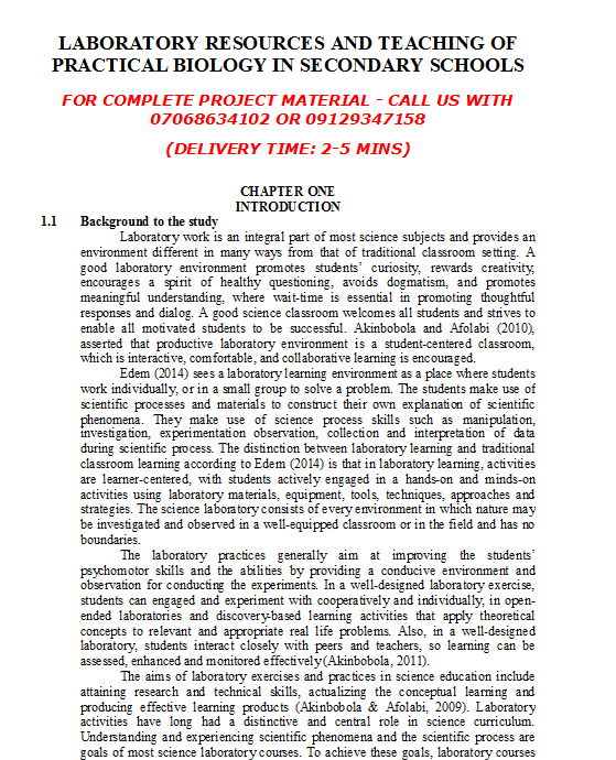 Laboratory Resources and Teaching of Practical Biology in Secondary Schools