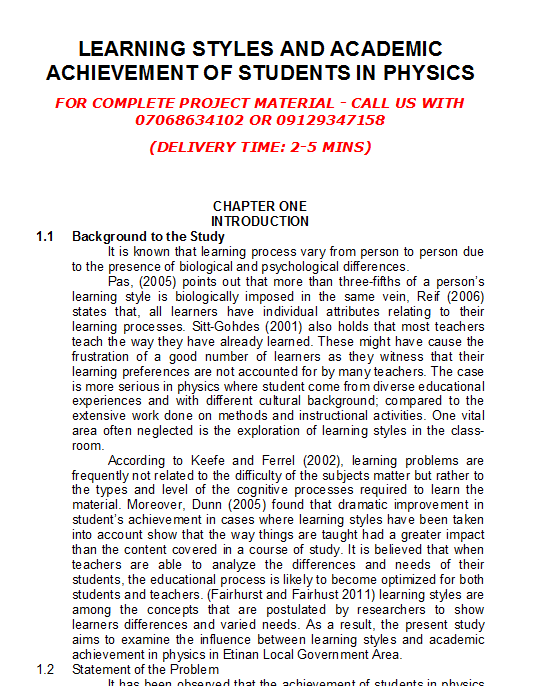 Learning Styles and Academic Achievement of Students in Physics