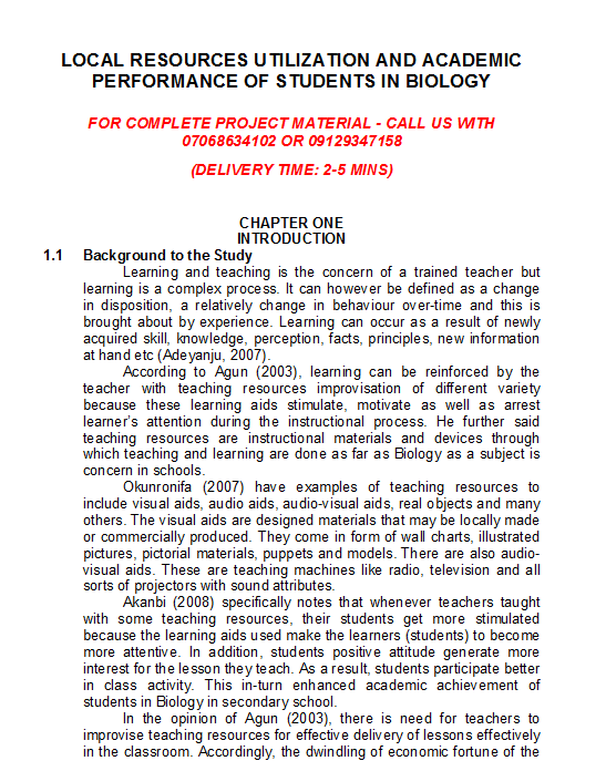 Local Resources Utilization and Academic Performance of Students in Biology