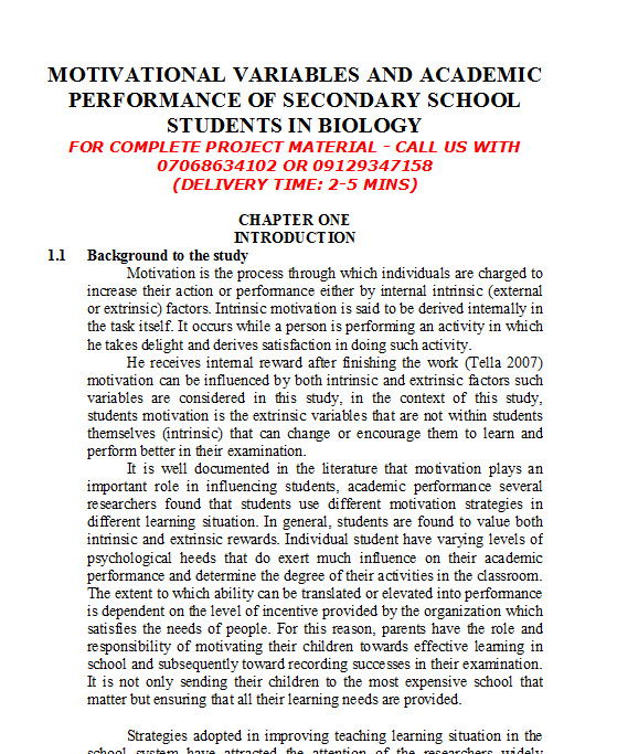 Motivational Variables and Academic Performance of Secondary School Students in Biology