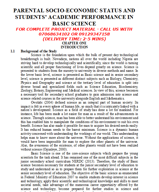 Parental Socio-Economic Status and Students’ Academic Performance in Basic Science