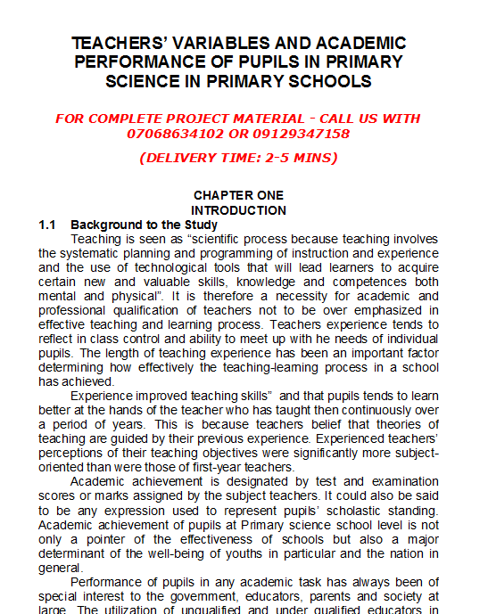 Teachers’ Variables and Academic Performance of Pupils in Primary Science in Primary Schools