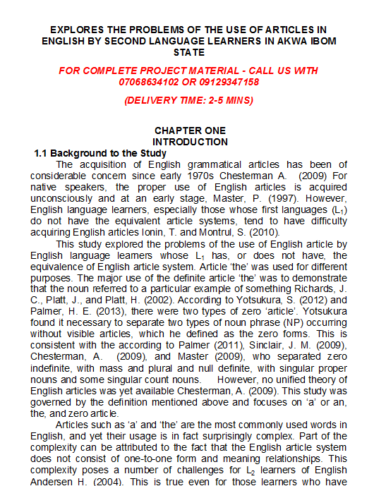 The Problems of the Use of Articles in English by Second Language Learners in Akwa Ibom State