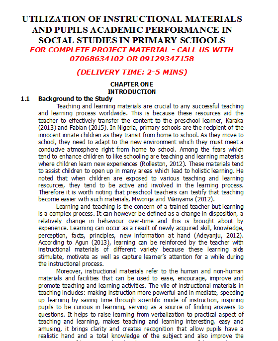 Utilization of Instructional Materials and Pupils Academic Performance in Social Studies in Primary Schools
