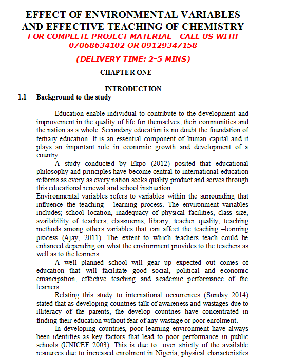 Effect of Environmental Variables and Effective Teaching of Chemistry