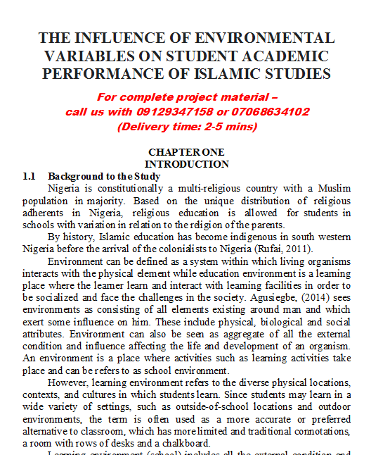 The Influence of Environmental Variables on Student Academic Performance of Islamic Studies