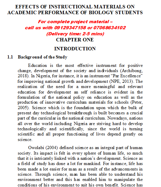 EFFECTS OF INSTRUCTIONAL MATERIALS ON ACADEMIC PERFORMANCE OF BIOLOGY STUDENTS