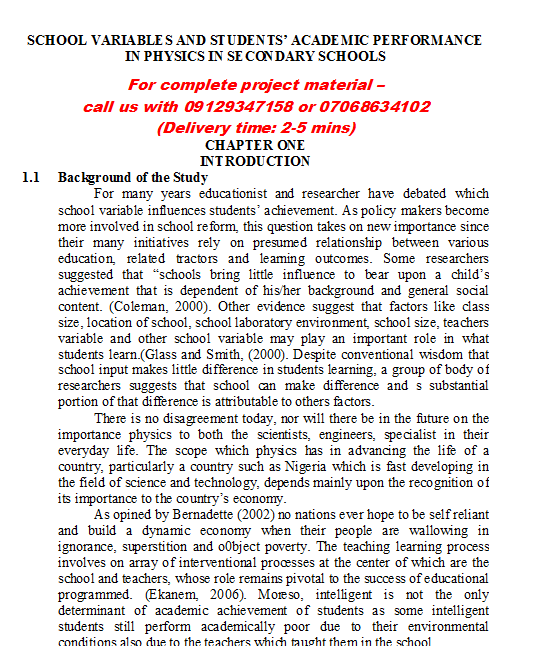 School Variables and Students’ Academic Performance in Physics in Secondary Schools