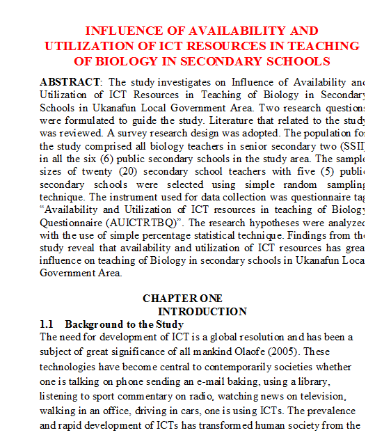 Influence of Availability and Utilization of ICT Resources in Teaching of Biology in Secondary Schools