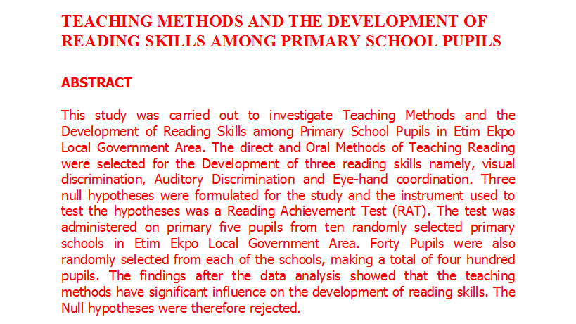 Teaching Methods and the Development of Reading Skills among Primary School Pupils