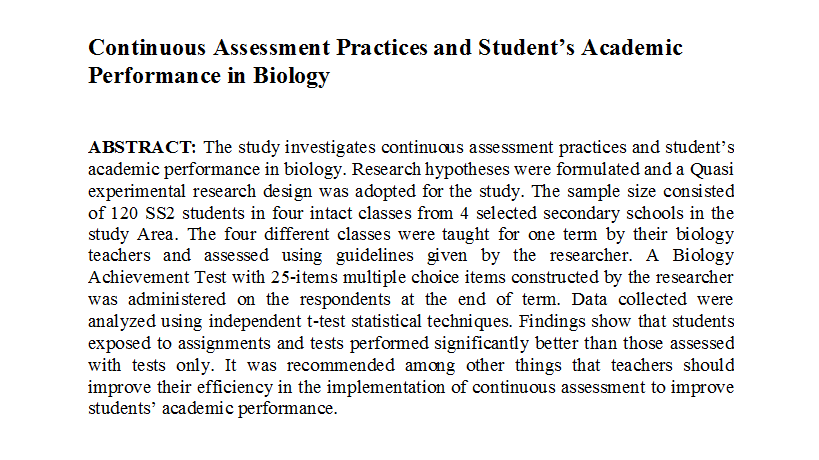 Continuous Assessment Practices and Student’s Academic Performance in Biology