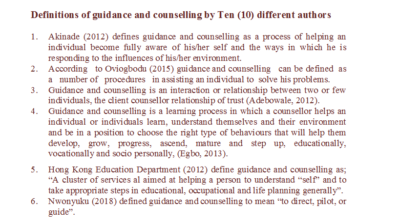 Definitions of guidance and counselling by Ten (10) different authors