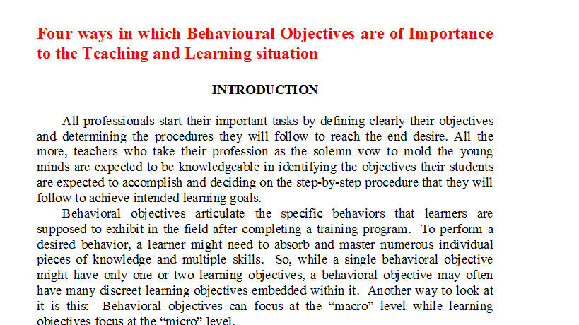Four ways in which Behavioural Objectives are of Importance to the Teaching and Learning situation
