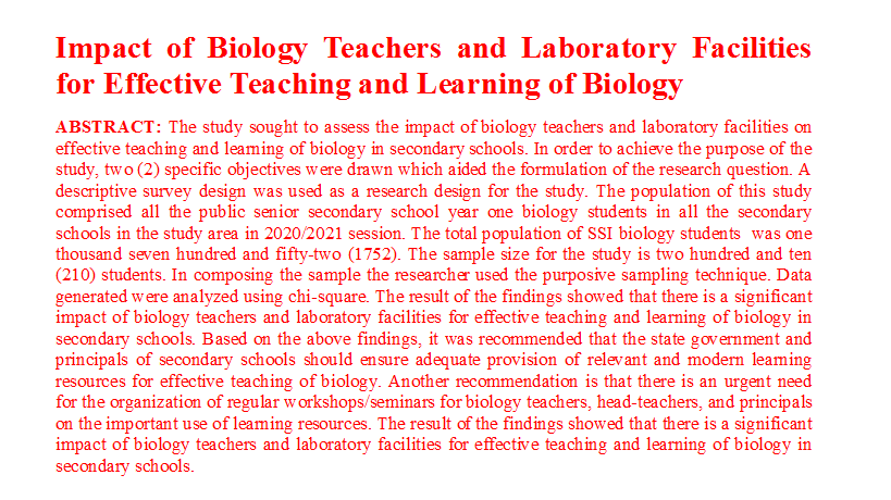 Impact of Biology Teachers and Laboratory Facilities for Effective Teaching and Learning of Biology