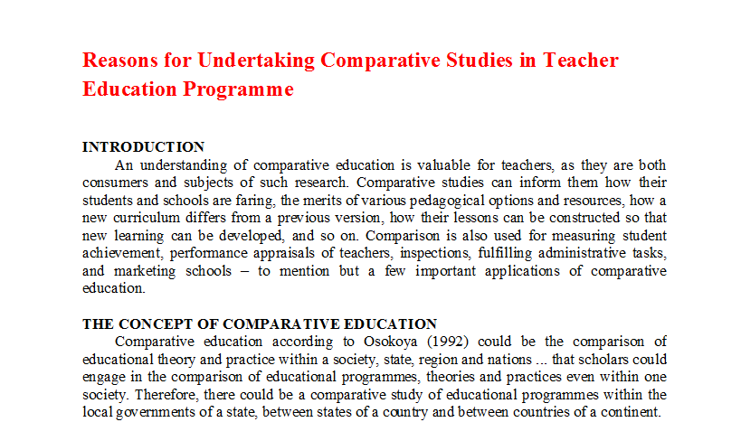 Reasons for Undertaking Comparative Studies in Teacher Education Programme