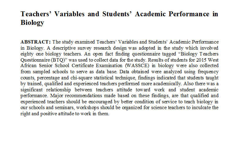 Teachers’ Variables and Students’ Academic Performance in Biology