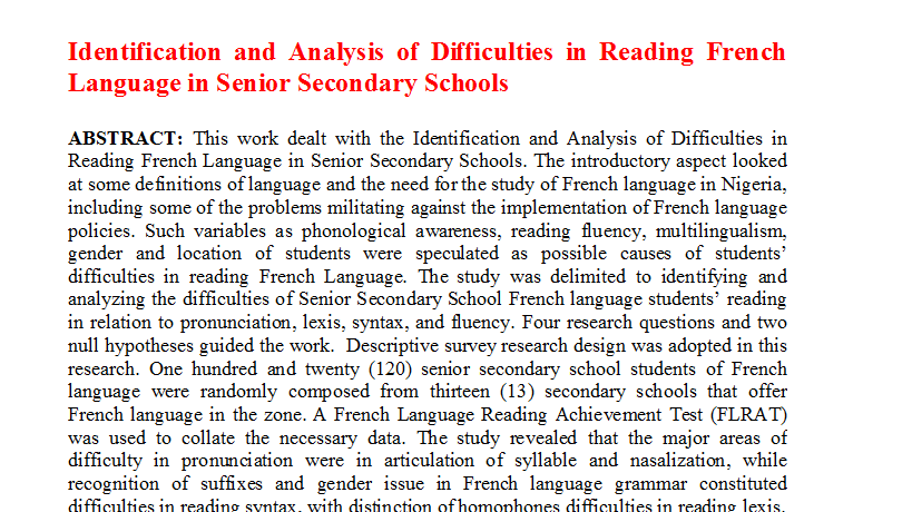 Identification and Analysis of Difficulties in Reading French Language in Senior Secondary Schools