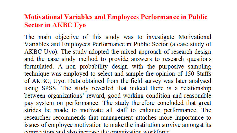 Motivational Variables and Employees Performance in Public Sector in AKBC Uyo