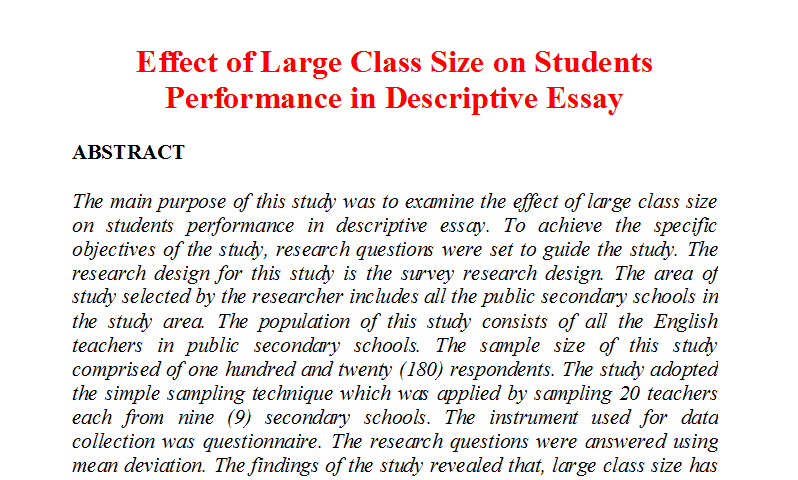 Effect of Large Class Size on Students Performance in Descriptive Essay